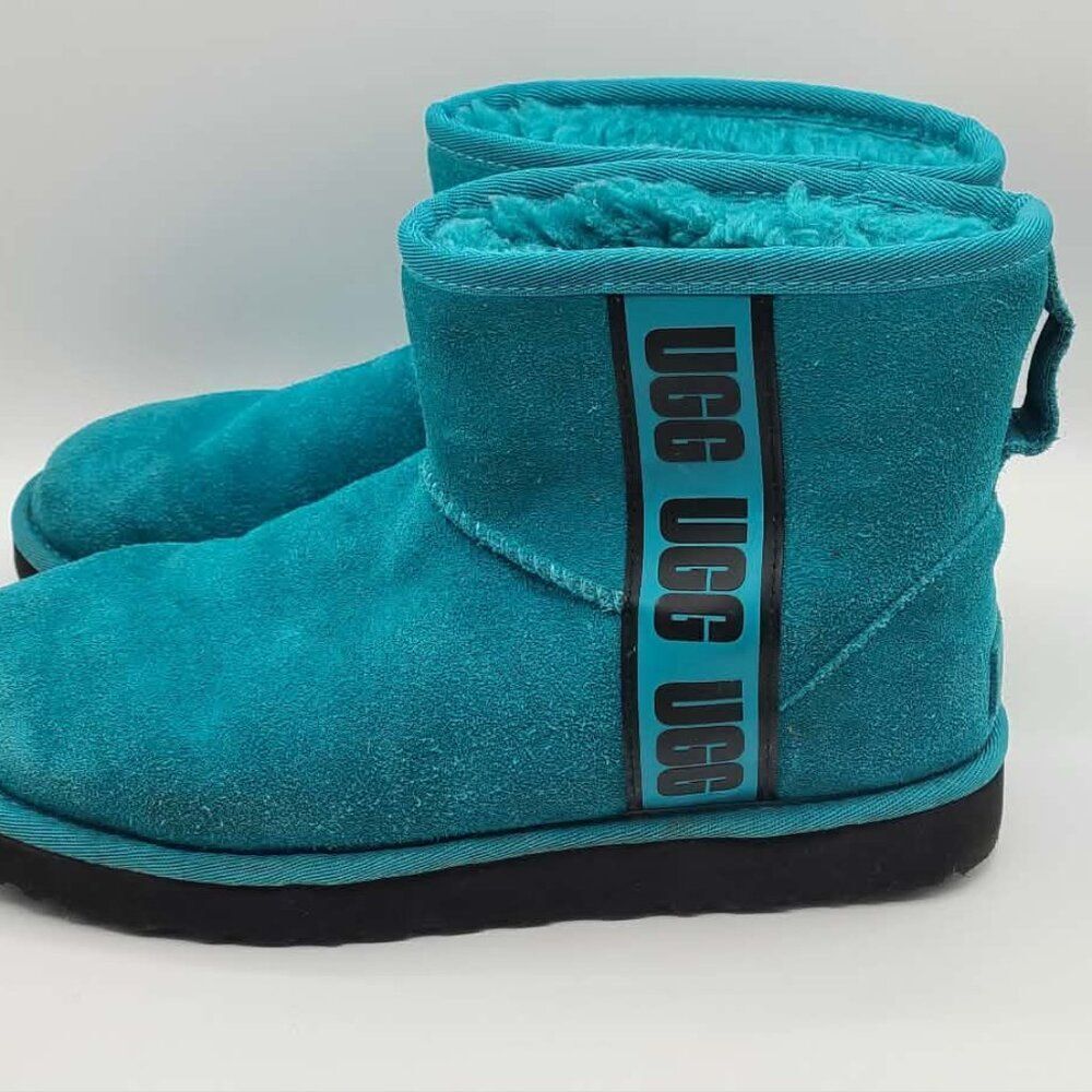 UGG Classic Mini Side Logo Boot size 8 in Teal Suede Shearling